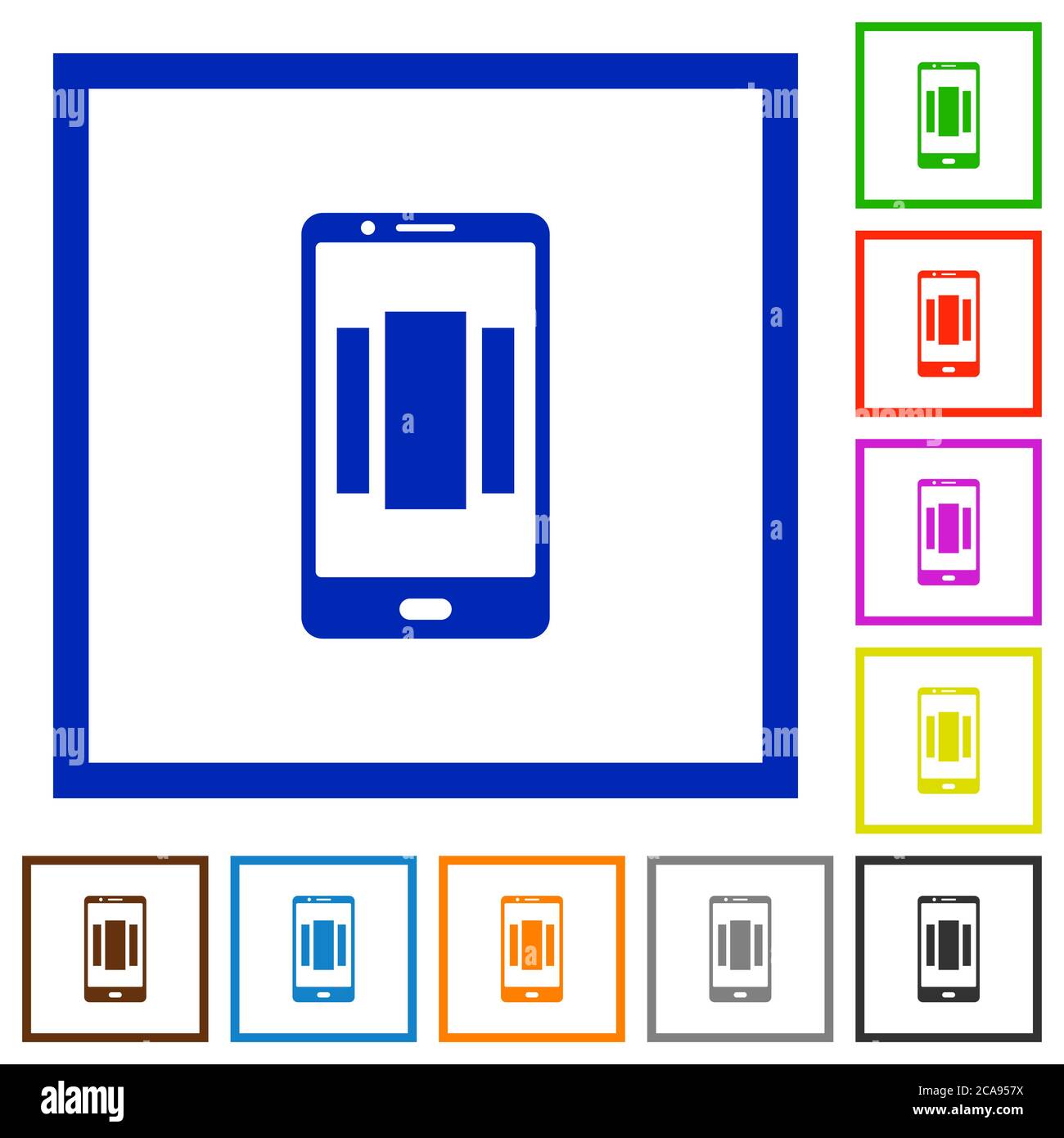 Setting up mobile homescreen flat color icons in square frames on white ...