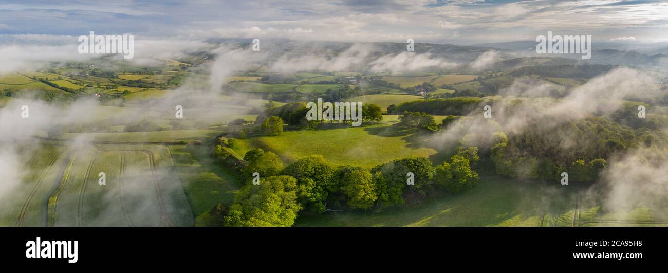 Aerial vista of Cadbury Castle Iron Age Hillfort, Devon, England, United Kingdom, Europe Stock Photo