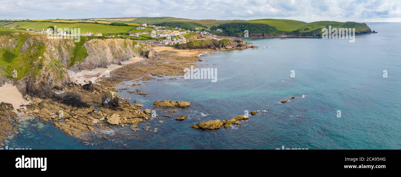 Aerial panoramic vista of Hope Cove in the South Hams, Devon, England, United Kingdom, Europe Stock Photo