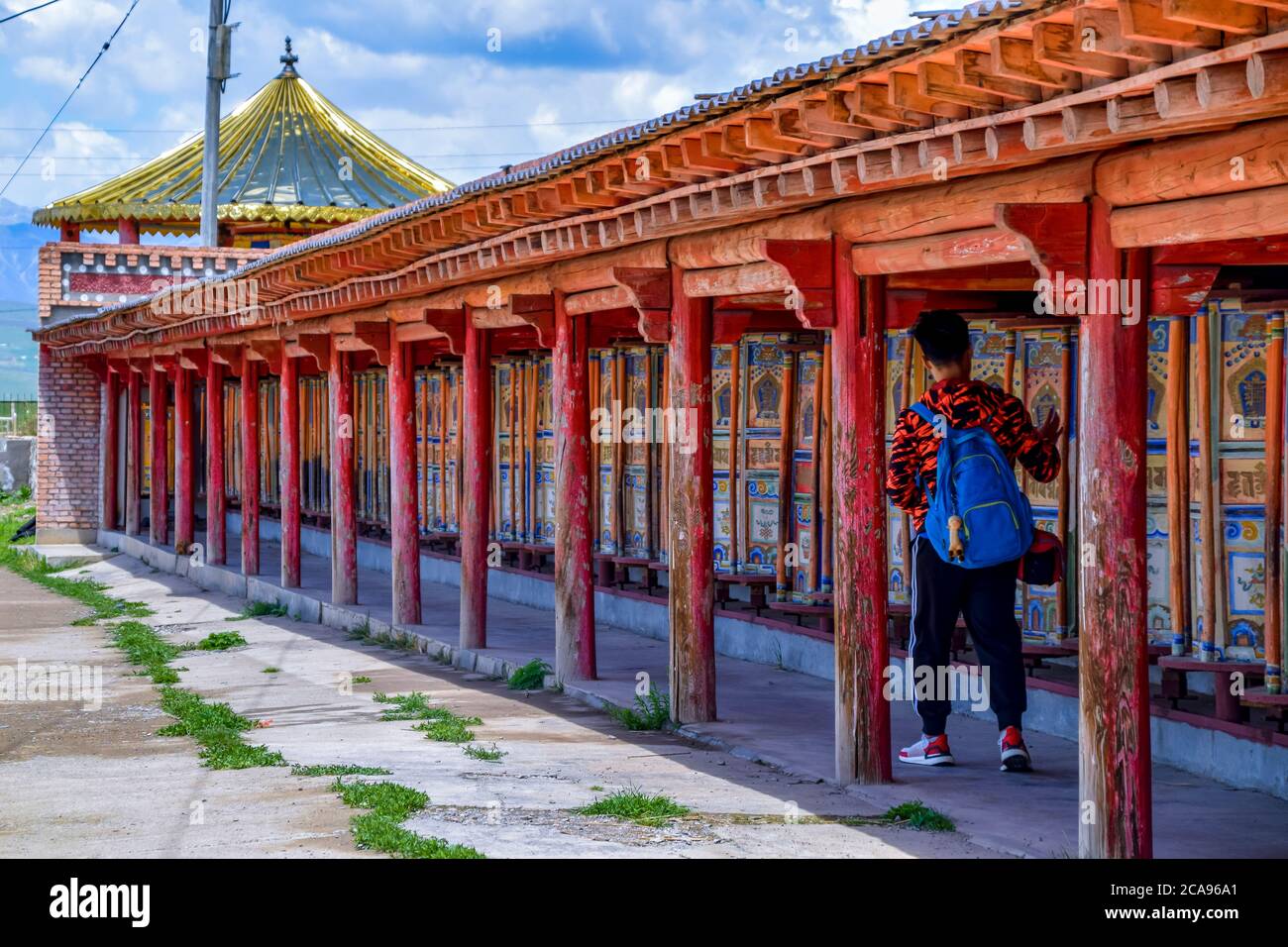 Tibetan Buddhist monastery Prayer wheel at Arou Temple. Arou Temple.A famous historic site in Qilian,Qinghai China. Stock Photo