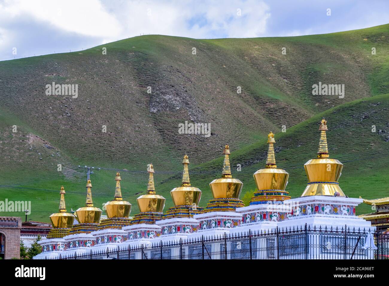 Eight treasures golden pagoda at Tibetan Buddhist monastery Arou Temple.A famous historic site in Qilian,Qinghai China. Stock Photo