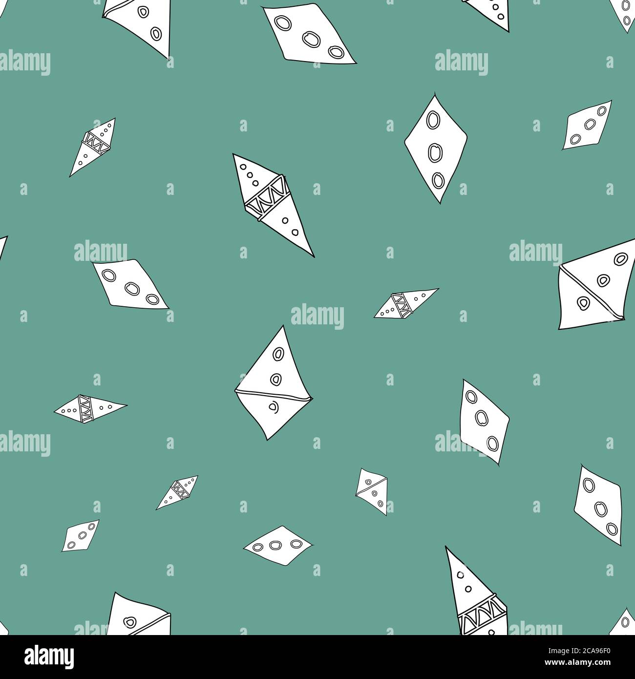 Kites sky Doodle Pattern Filled Diamond shape on teal green background Seamless pattern Vector hand drawn illustration surface design Stock Vector