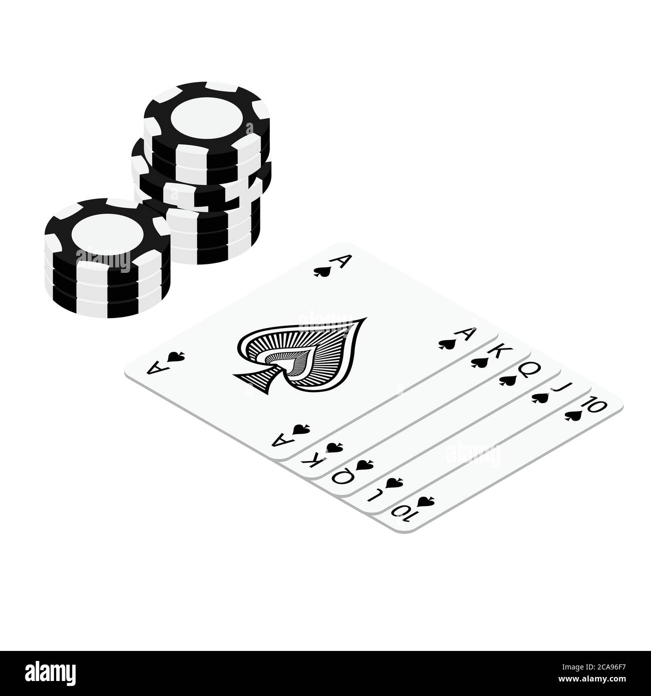 Playing cards and poker chips casino. Concept on white background isometric view. Poker casino vector illustration. Black realistic chip. Gambling con Stock Vector