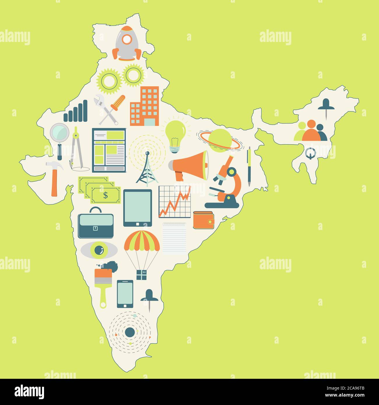 Contour map of India with icons of technology, business, science