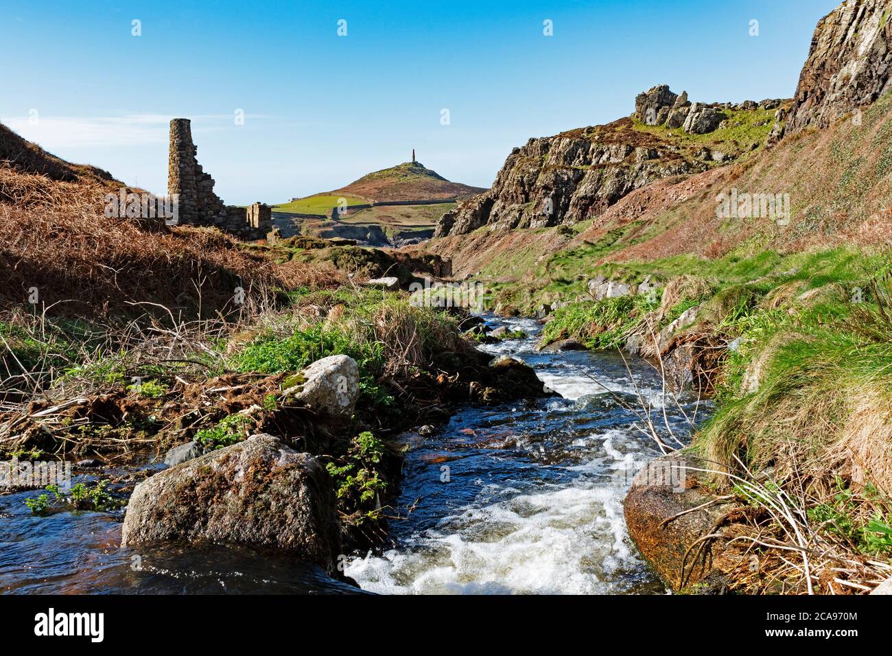 Kenidjack valley cornwall with cape cornwall in the background Stock Photo