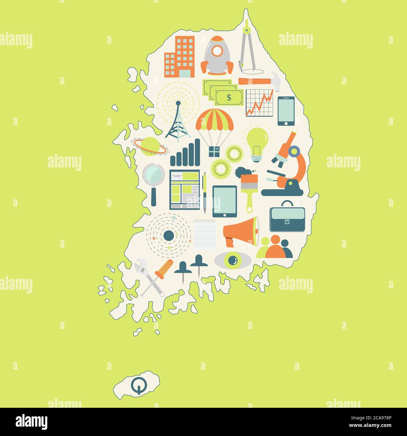 Contour map of South Korea with icons of technology, business, science ...