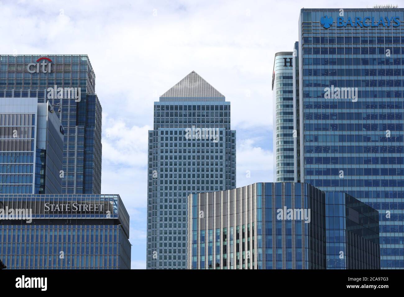 A general view of the Canary Wharf skyline, seen from Blackwall Basin, including the offices of HSBC, Barclays, State Street, Citi Bank, and the One Canada Square building. Stock Photo