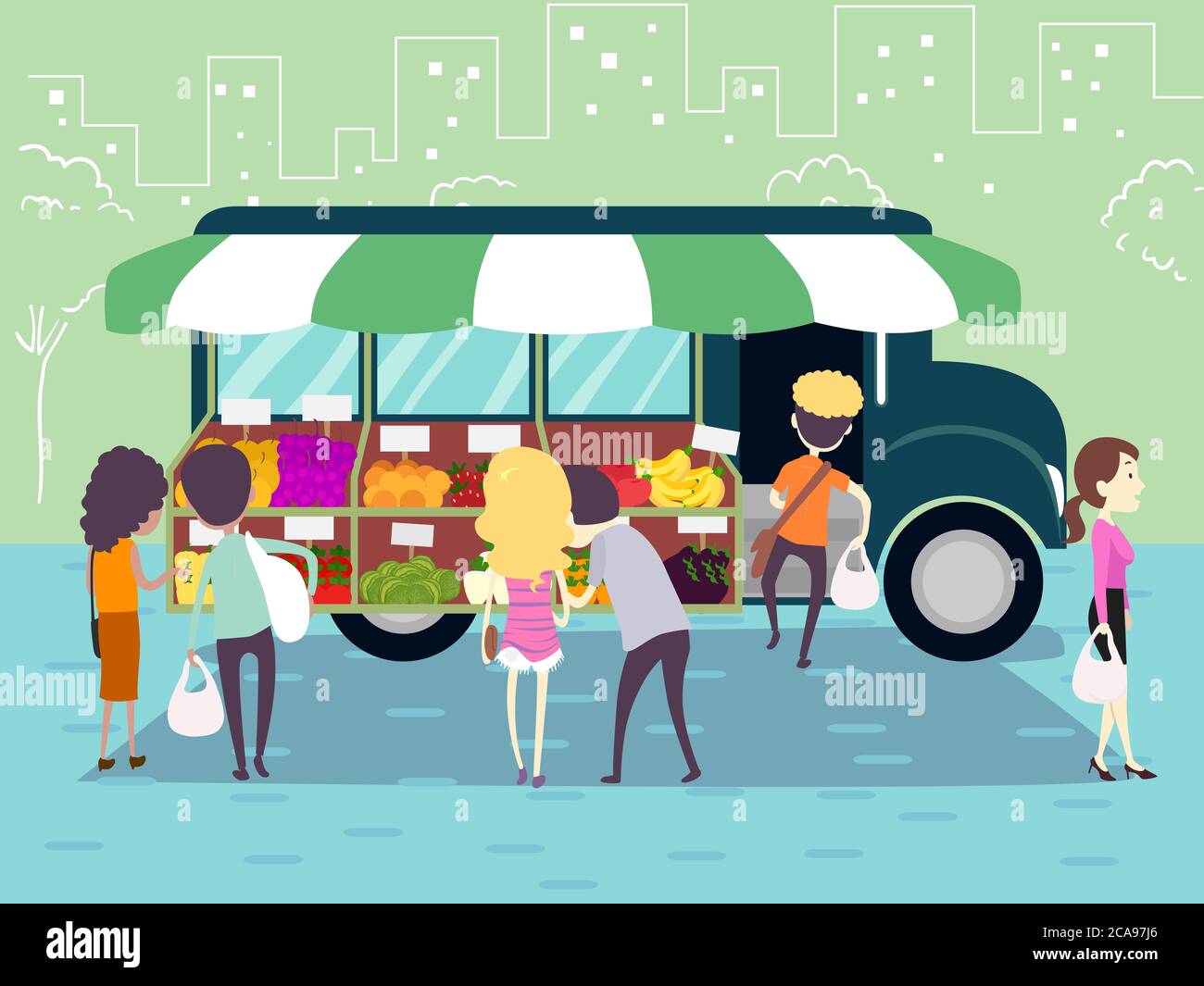Illustration of Stickman Men and Women Buying Fruits and Vegetables In ...