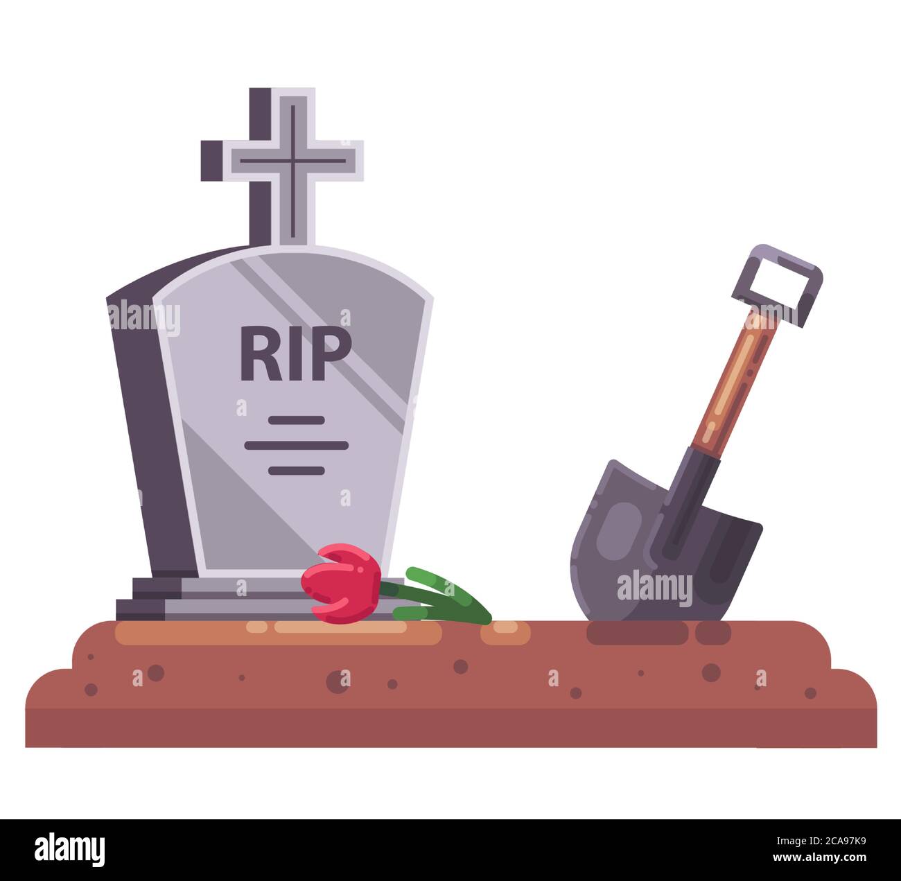 fresh grave with stove and christian cross. dig a shovel. flat vector illustration. Stock Vector