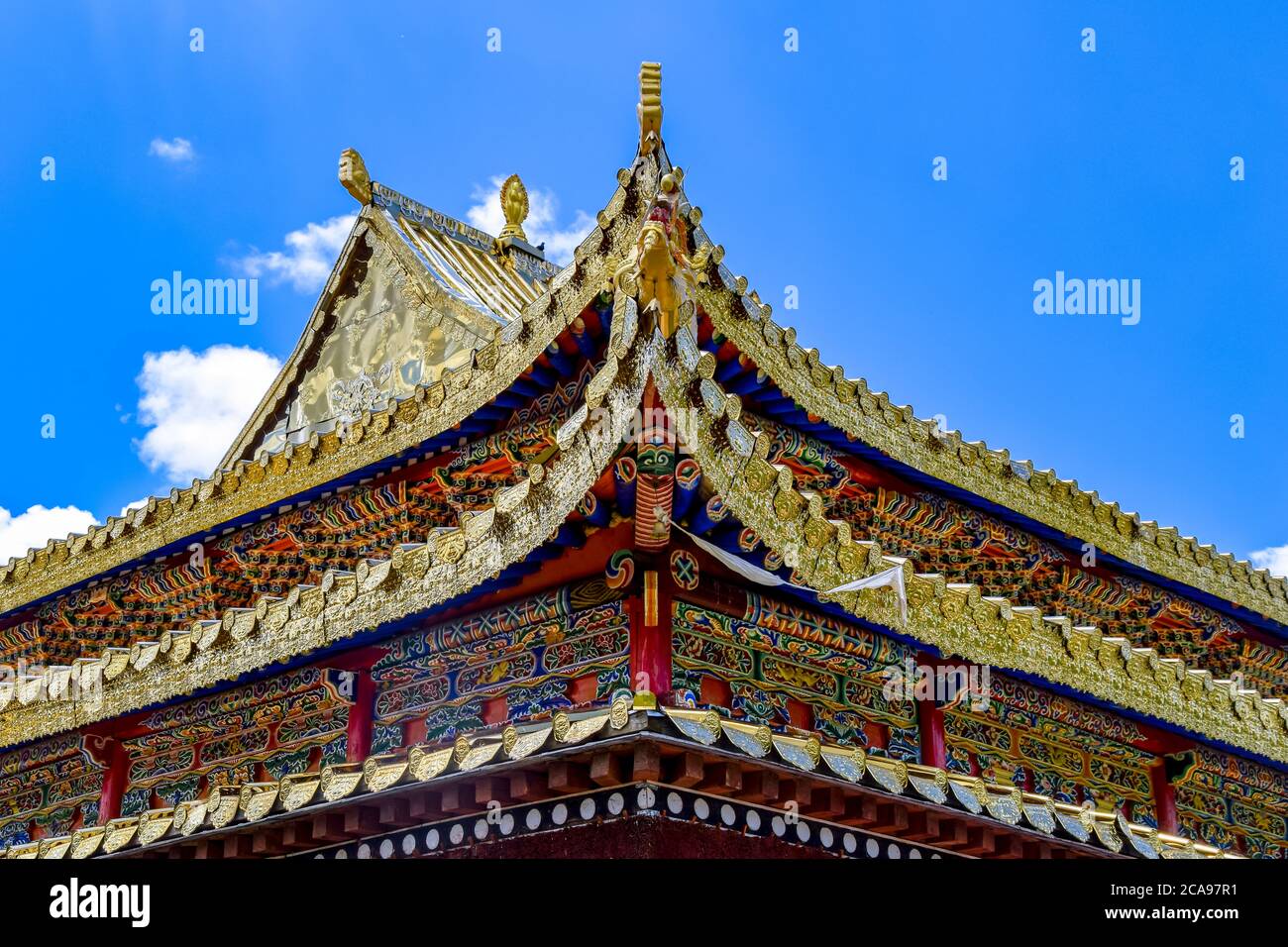 Golden Summit Tibetan Buddhist monastery Arou Temple. A famous historic site in Qilian,Qinghai China. Stock Photo