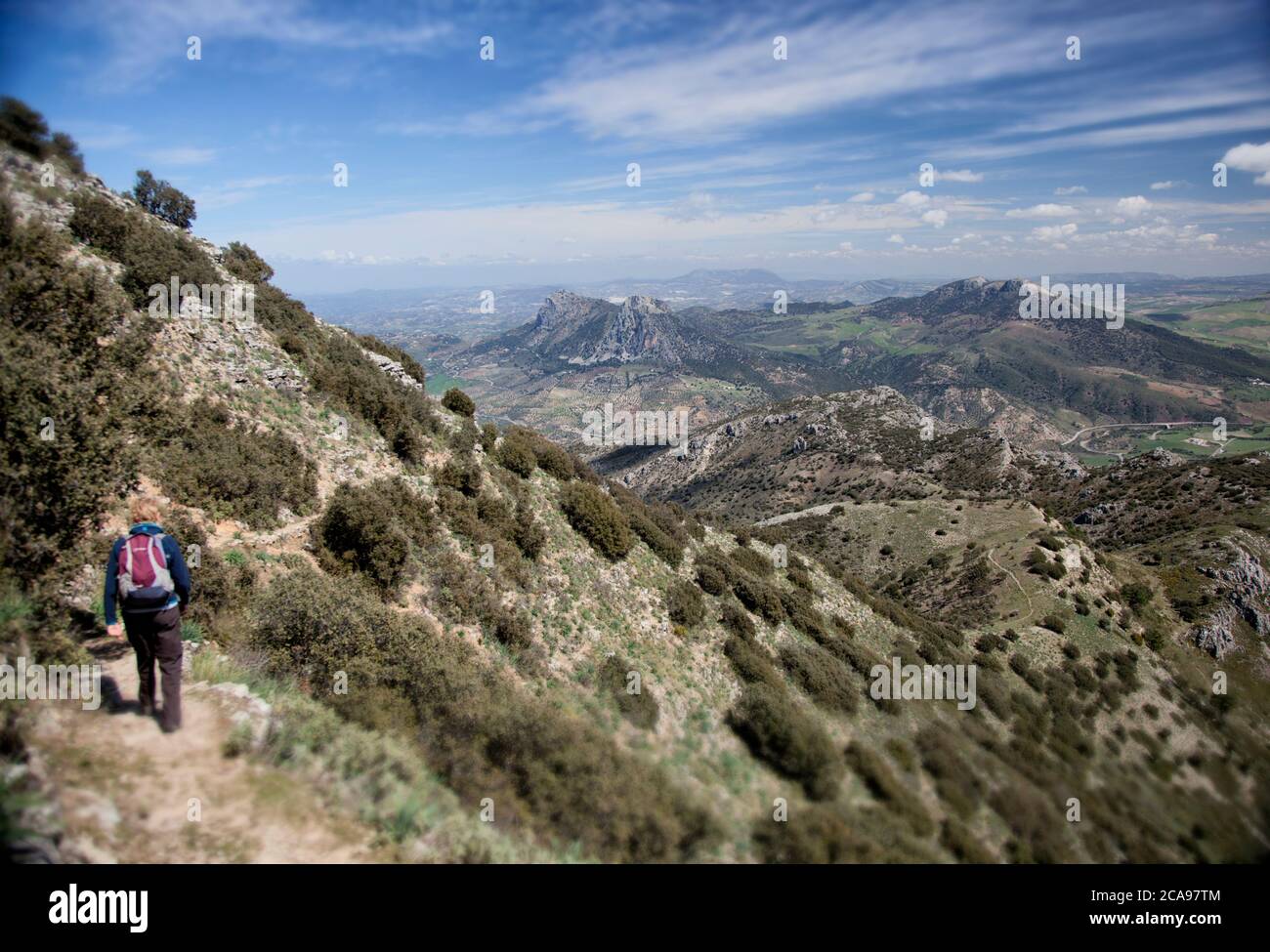 A walker enjoys mountain views from Parque Natural Sierra de Grazalema to El Gastor and Olvera Stock Photo