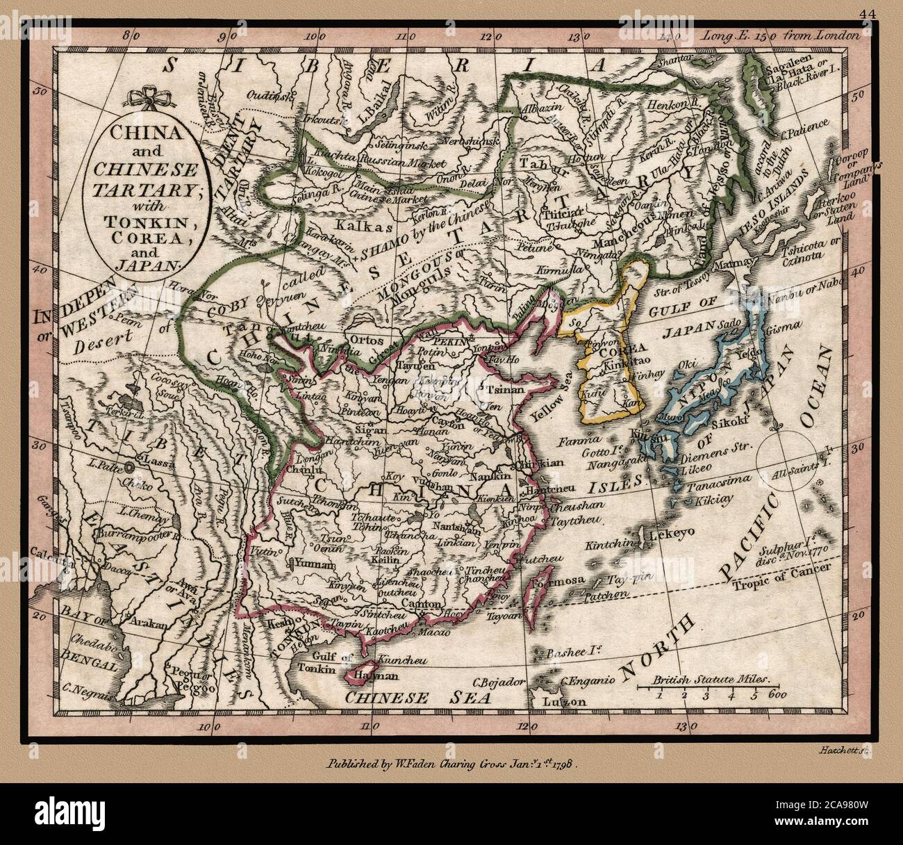'China and Chinese Tartary, with Tonkin, Corea, and Japan.' Map shows political borders and important landmarks. This is a beautifully detailed historic map reproduction. Original from a British atlas published by famed cartographer William Faden was created circa 1798. Stock Photo