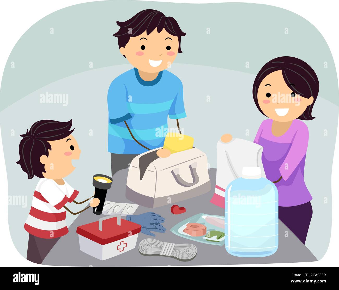 Illustration of a Kid Boy with Parents Preparing an Emergency Kit
