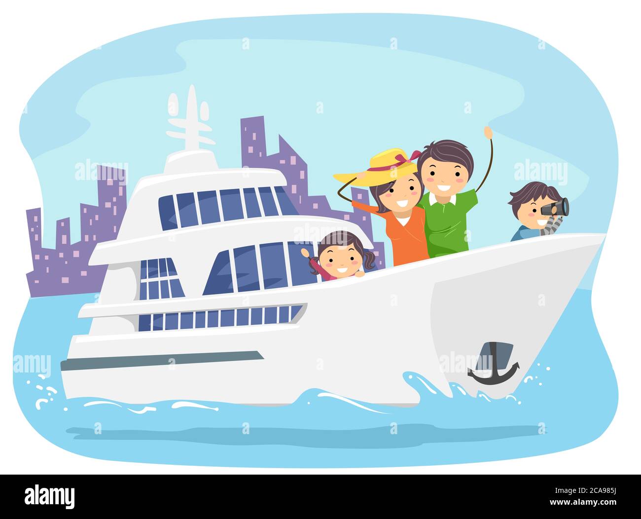 Illustration of a Stickman Family in a Yacht Tour Stock Photo