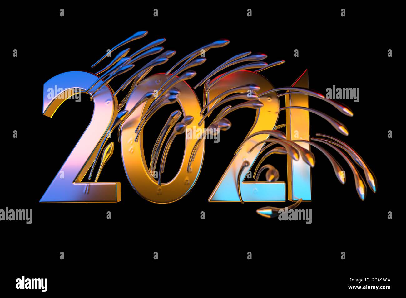 Happiness for the New Year 2021 lettering made by metal. with sharp spikes Isolated on black background 3d illustration Selective focus macro shot Stock Photo