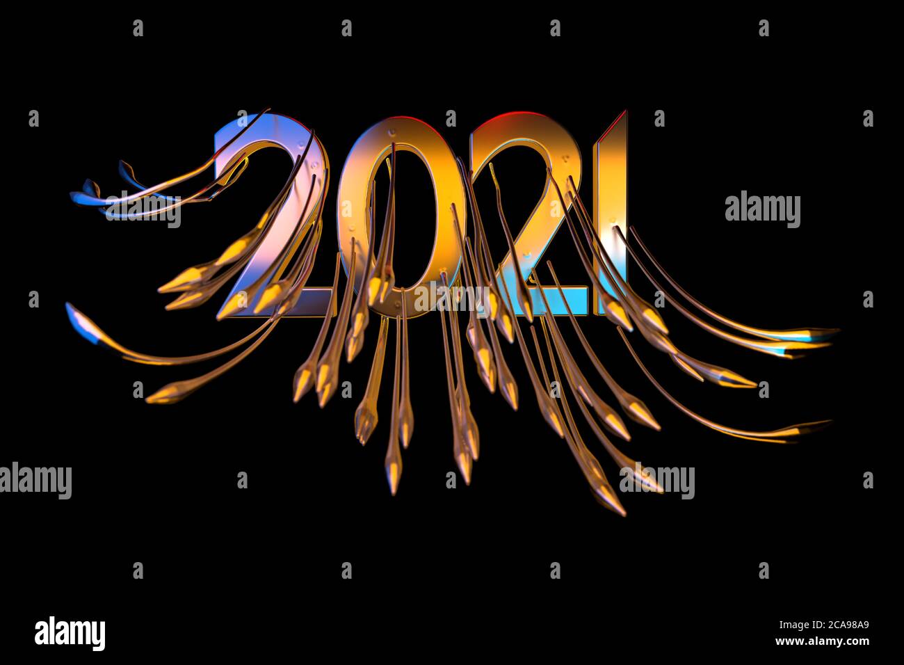 Happiness for the New Year 2021 lettering made by metal cast and lit by blue and orange light. The surface is covered with sharp spikes Isolated on Stock Photo