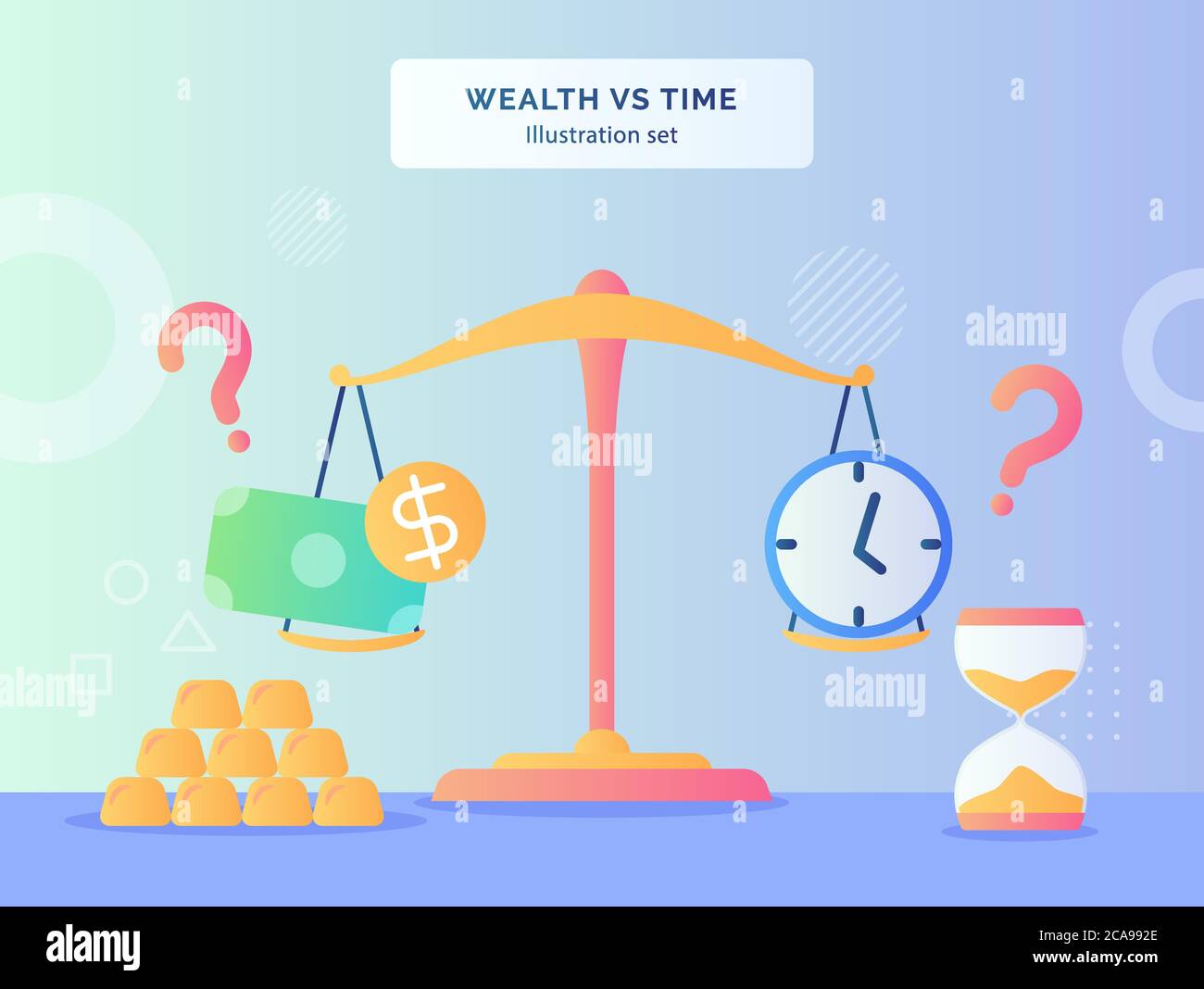 Wealth VS Time illustration set money dollar clock on scale background of gold hourglass with flat style. Stock Vector