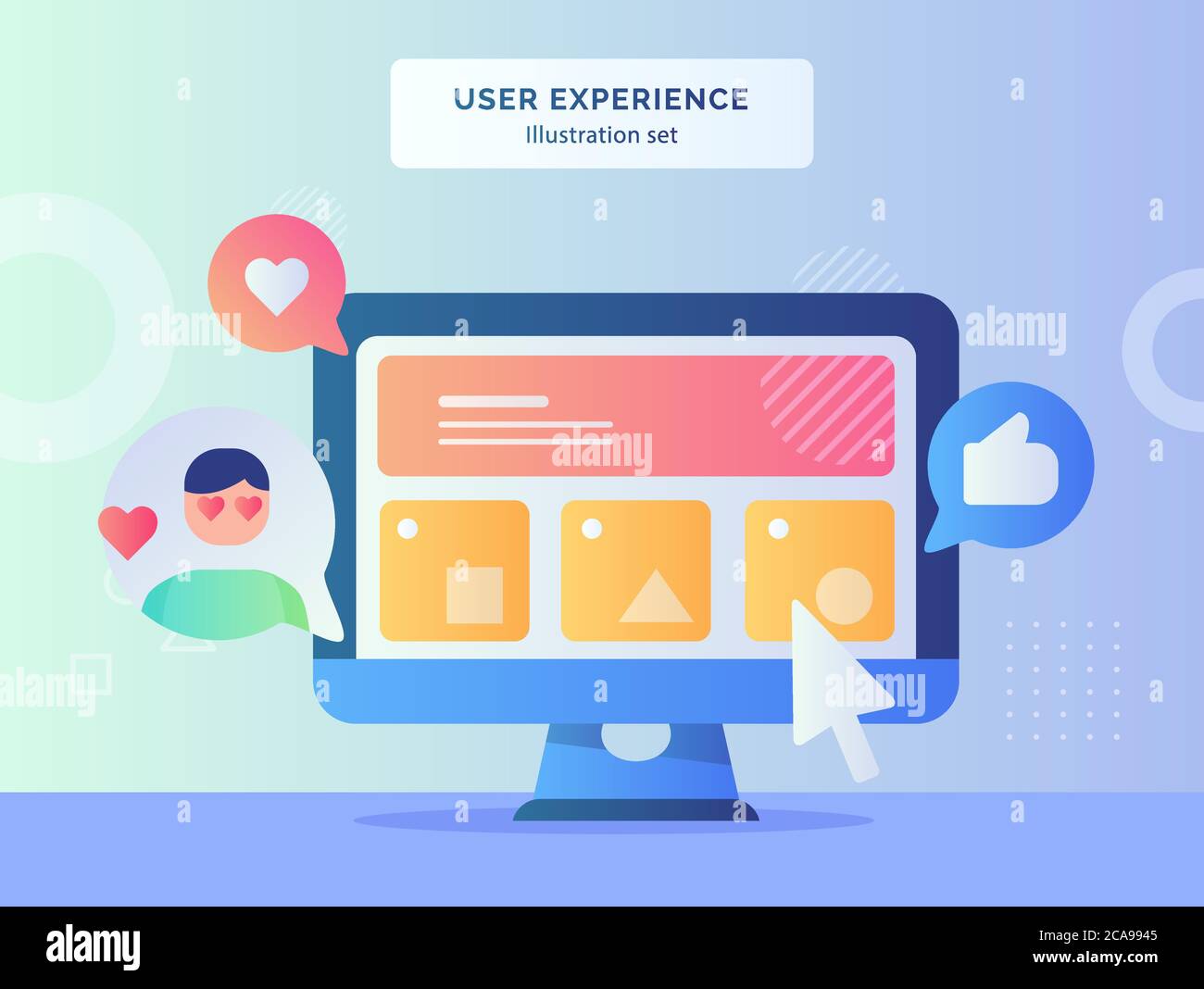 User experience illustration set wireframe ui on computer screen background of feedback like heart with flat style Stock Vector
