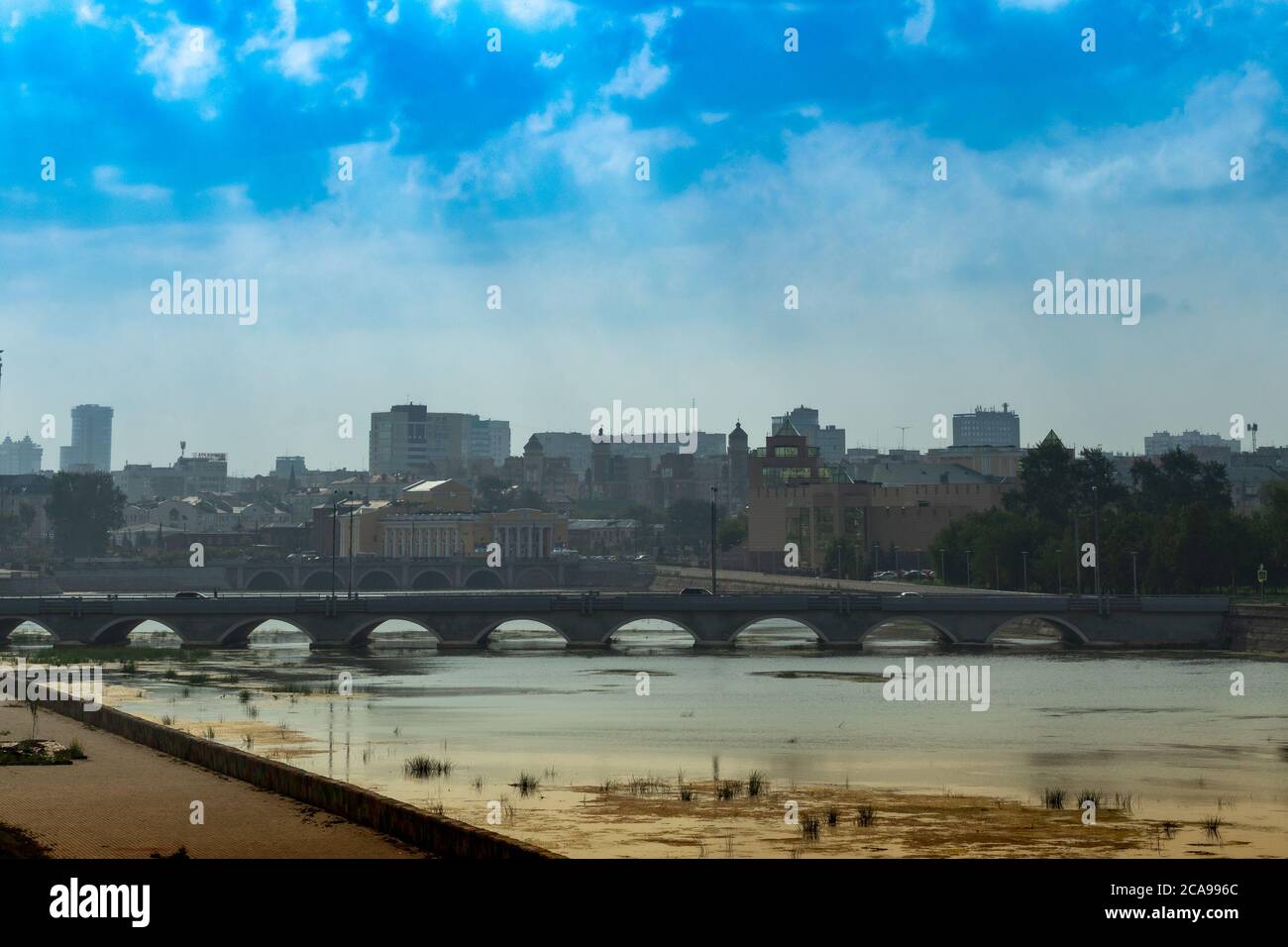 Landscape, view of the river in the center of the city, Photo taken on the banks of the river Miass, Chelyabinsk, Russia. Translation of the inscripti Stock Photo