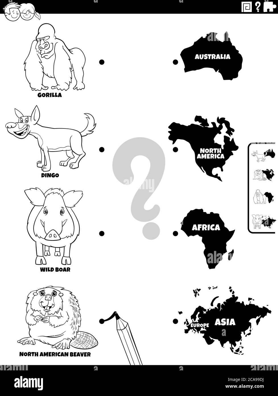 Download Black And White Cartoon Illustration Of Educational Matching Game For Children With Wild Animal Species Characters And Continent Shapes Coloring Book Stock Vector Image Art Alamy