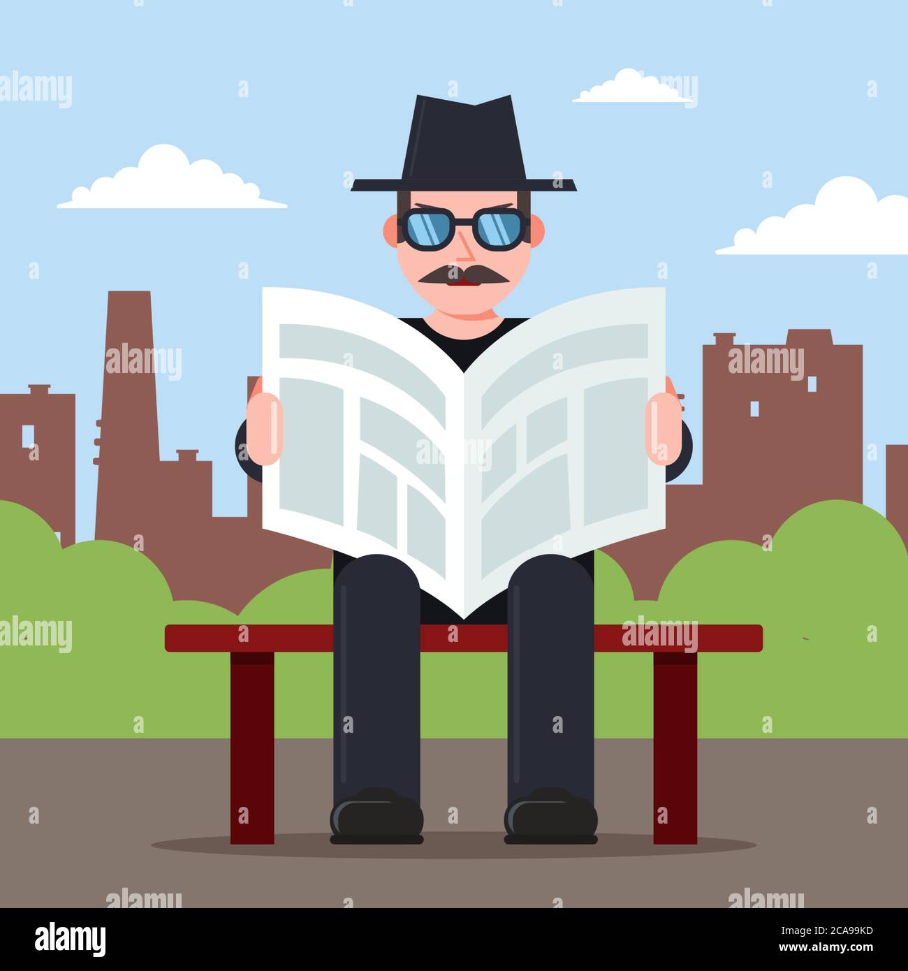spy sits on a bench with a newspaper in his hands and a hat. secret observer character. Flat vector illustration. Stock Vector