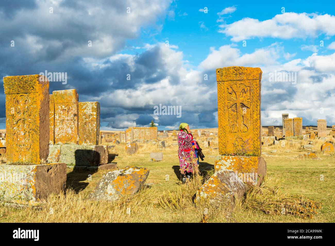 Medieval Khachkars carved memorial stele, Noratus cemetery, Sevan Lake, Gegharkunik province, Armenia, Caucasus, Middle East, Asia, For editorial use Stock Photo