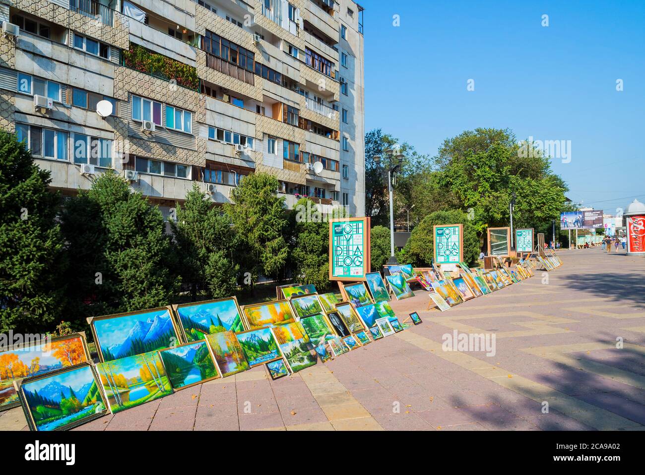 Zhibek Zholy pedestrian street, Paintings exhibition, Almaty, Kazakhstan, Central Asia Stock Photo