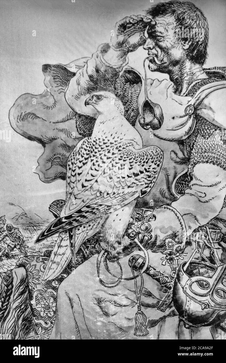 Paintings about Falconry decorating tents, Sunkar Raptor Falcon Sanctuary, Almaty, Kazakhstan, Central Asia Stock Photo