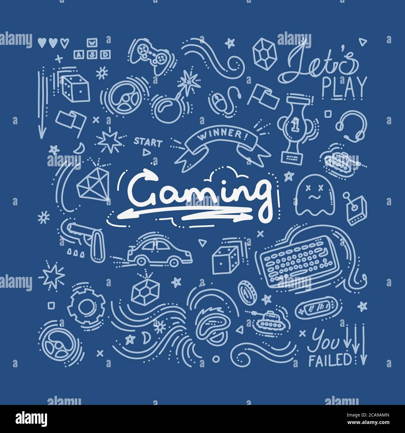 Gaming doodle set. Virtual reality, computers, game genres and related objects. Vector illustration. Vector illustration in doodle style Stock Vector