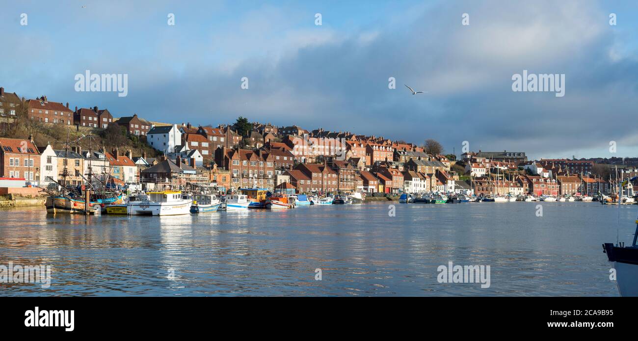 View of Whitby town and the River Esk from New Quay Road Stock Photo