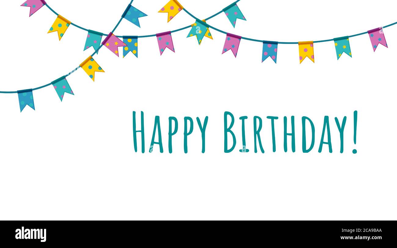 Happy birthday flag garlands. Colorful flags on string hanging from above. Flat vector