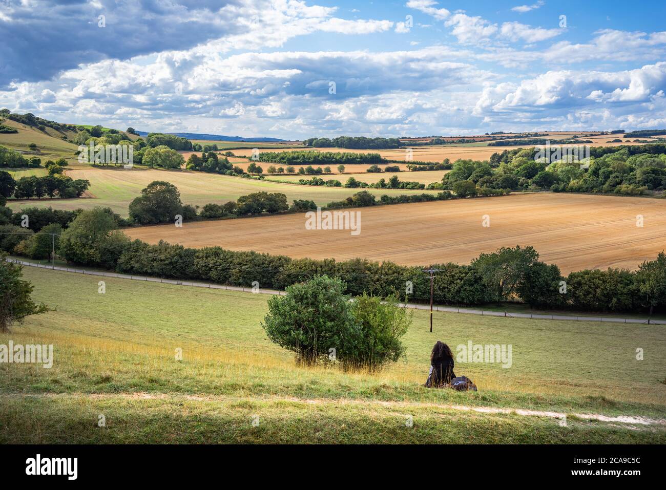 A young woman with black hair sitting looking at the view across the South Downs in West Sussex, England on a summers day during harvest under blue sk Stock Photo