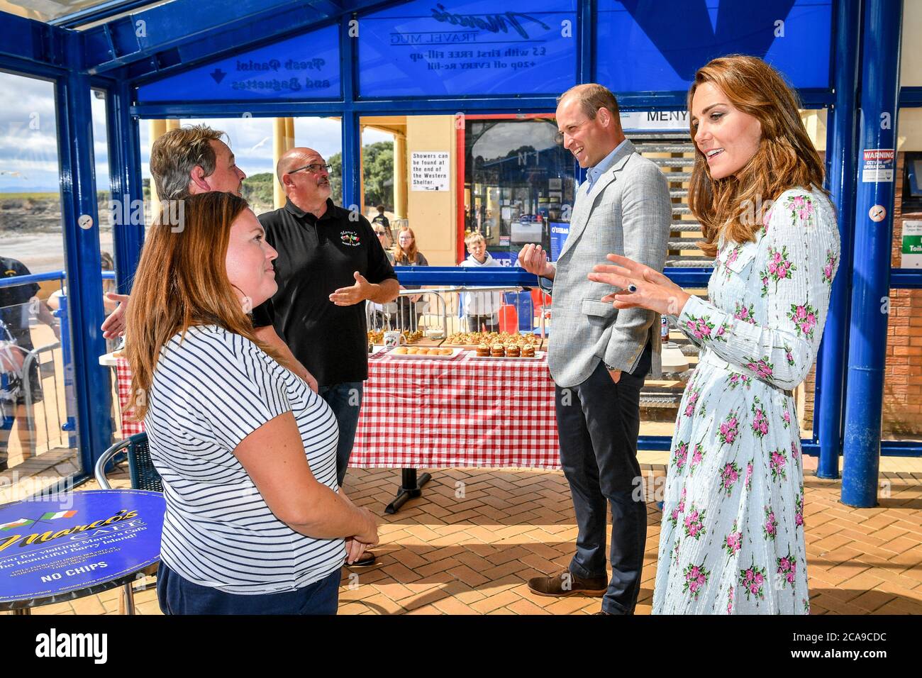 The Duke and Duchess of Cambridge chat with business owners inside Marco's cafe, during their visit to Barry Island, South Wales, to speak to local business owners about the impact of COVID-19 on the tourism sector. Stock Photo