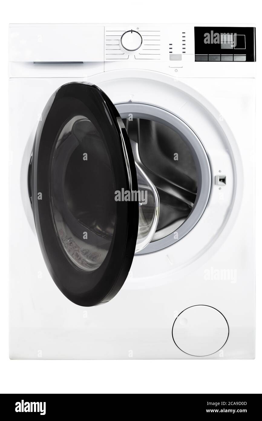 Vertical shot of washing machine with a half-open black door Stock Photo