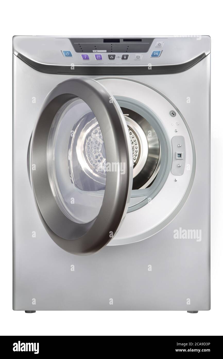 Vertical shot of silver washing machine with a half-open door Stock Photo