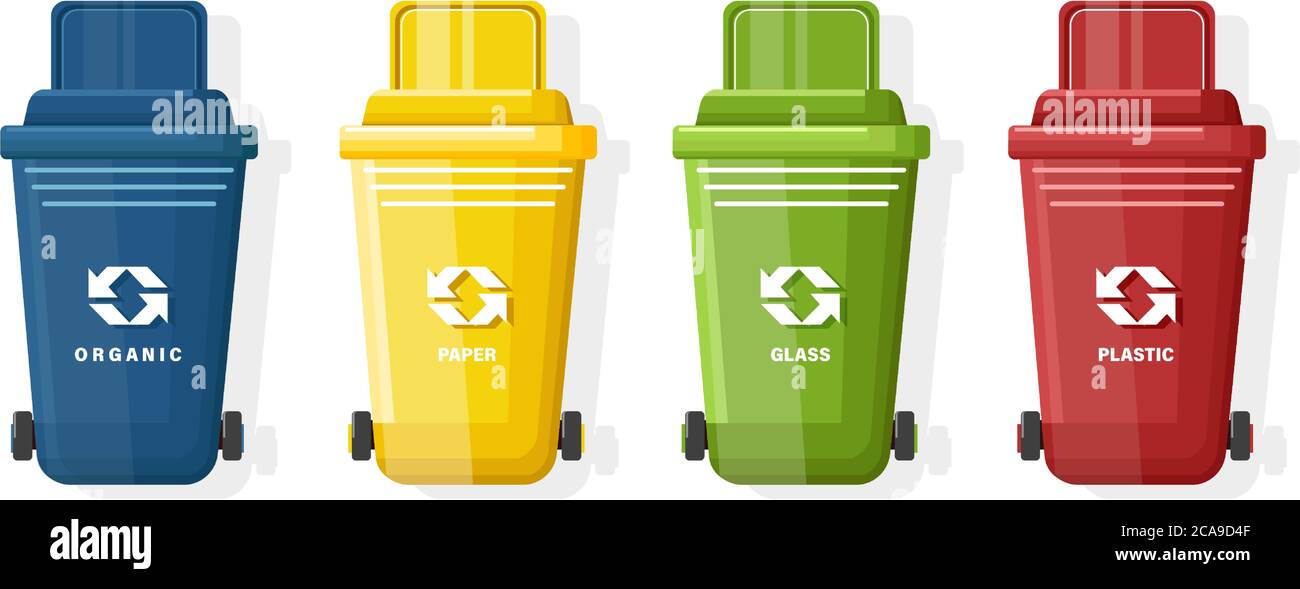 Set of Blue, yellow, green and red trash can with lid and ecology sign. Vector Stock Vector