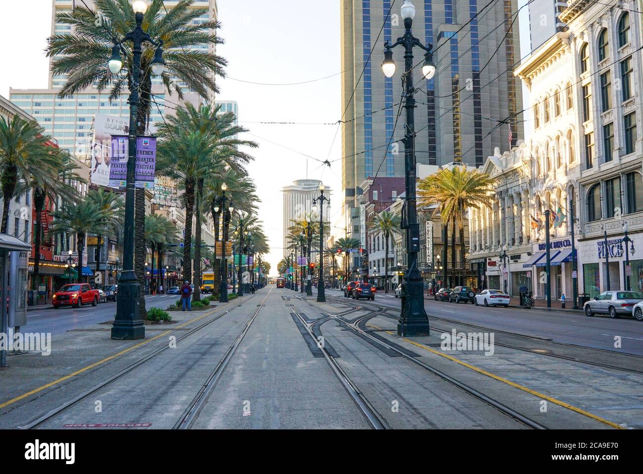 New Orleans - 04/15/2018 : prospect of Canal street with tram rails Stock Photo