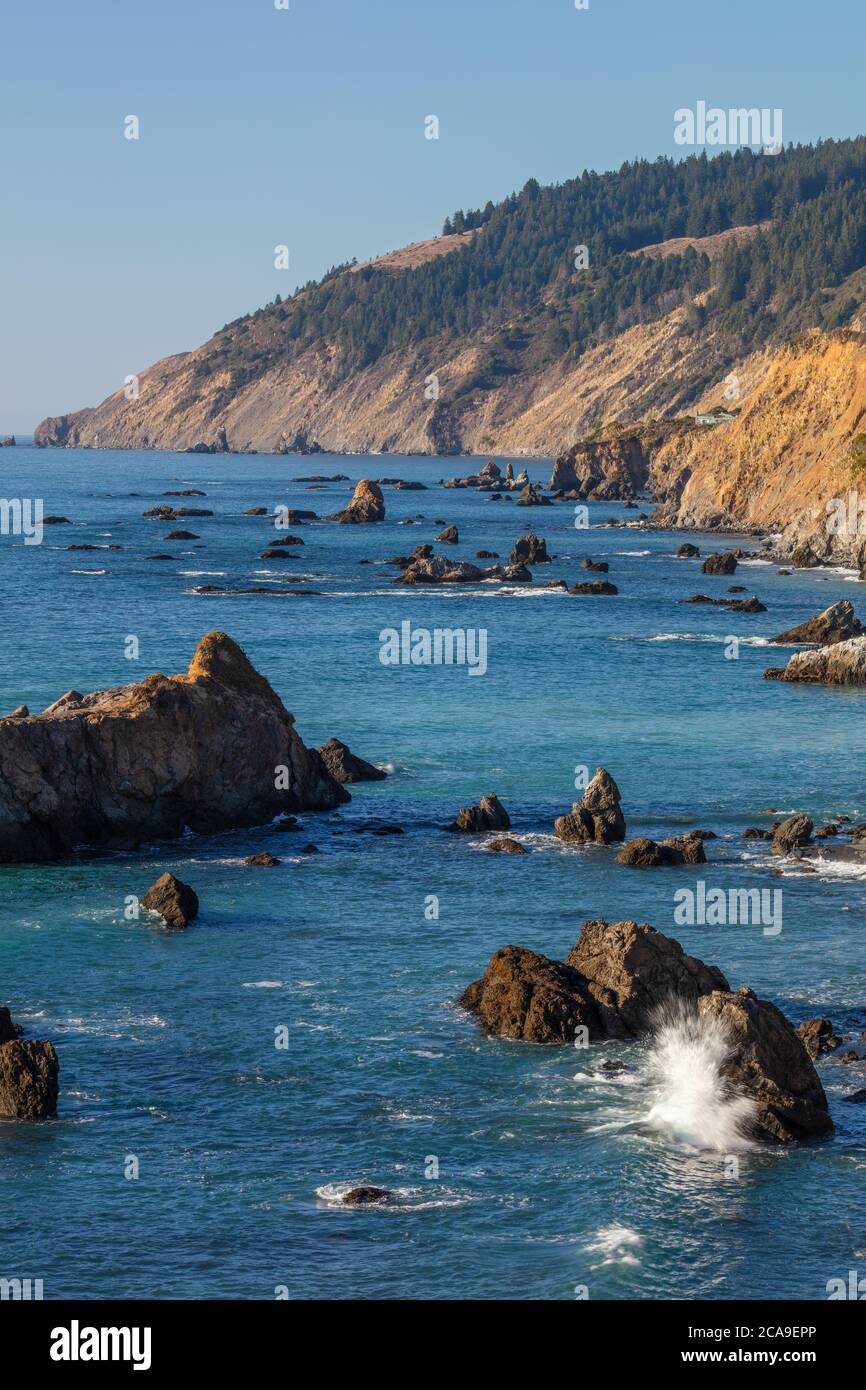 Crashing wave on seastack, Shoreline Highway, Mendocino County, California Stock Photo