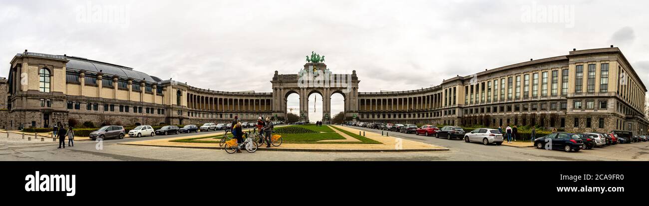 BRUSSELS, BELGIUM - JANUARY 3, 2019: Panoramic view of Triumphal arch in Park of the Fiftieth Anniversary in Brussels on January 3, 2019. Stock Photo