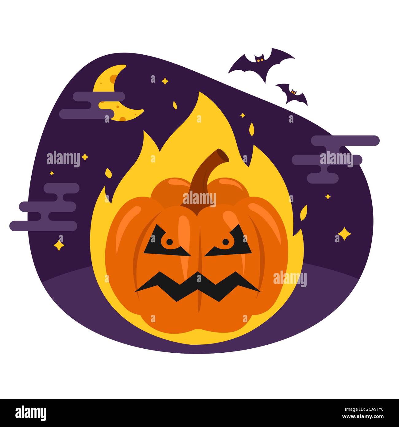 Hellish Pumpkin For Halloween Evil Vegetable Burns In The Fire Flat Vector Illustration Stock