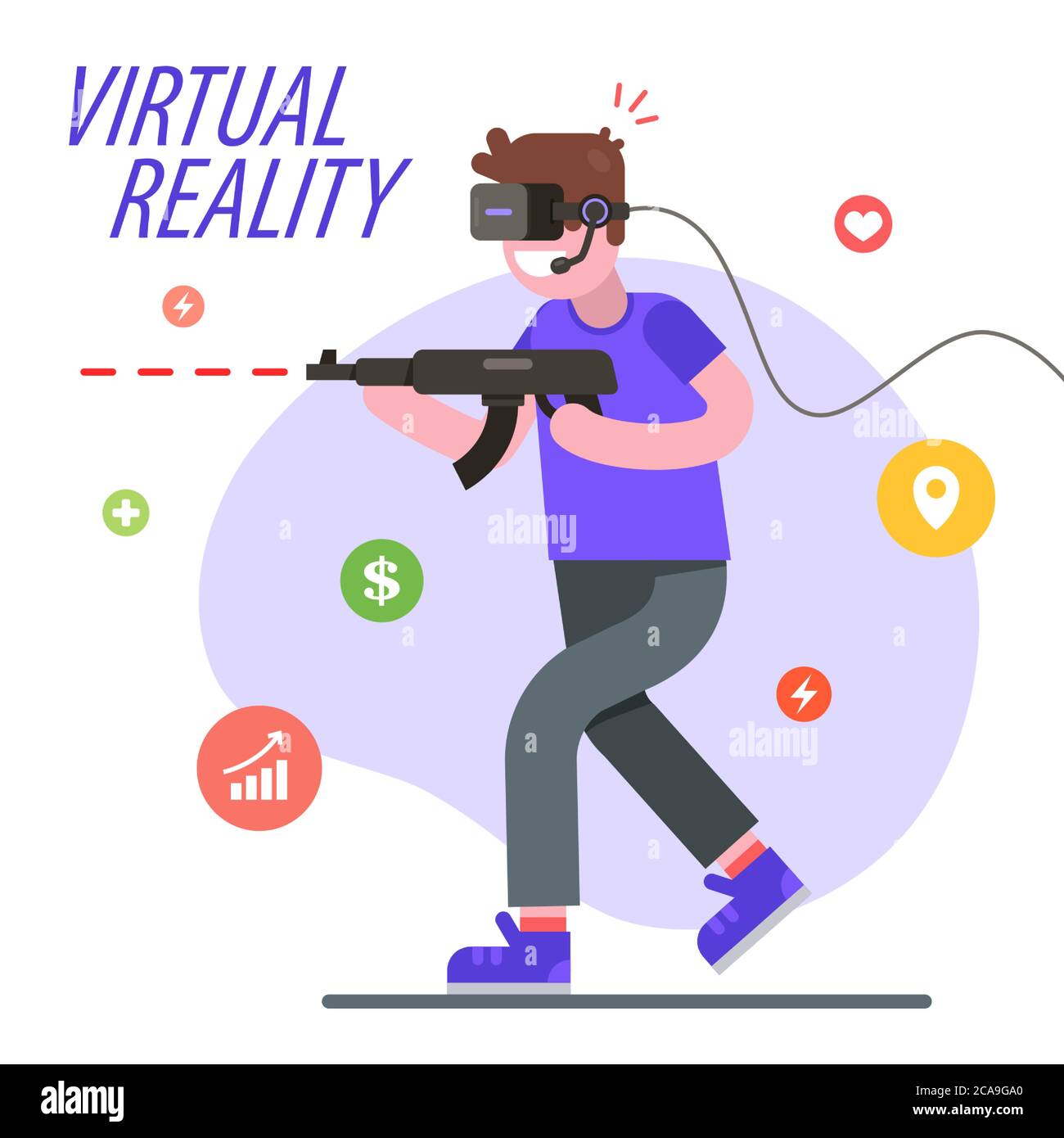 the guy is playing a virtual reality game. shoot in a computer game ...
