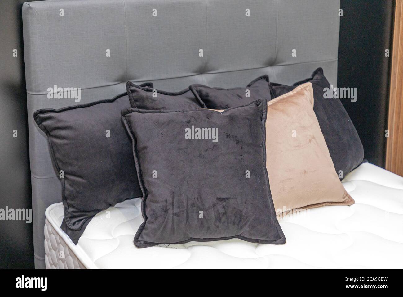 Black Pillows in Single Bed Decor Stock Photo - Alamy