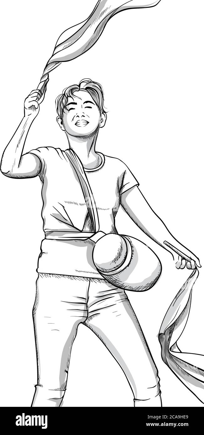 Joyful young man dancing with pom poms. Gym bag. Line art. Vector Stock Vector