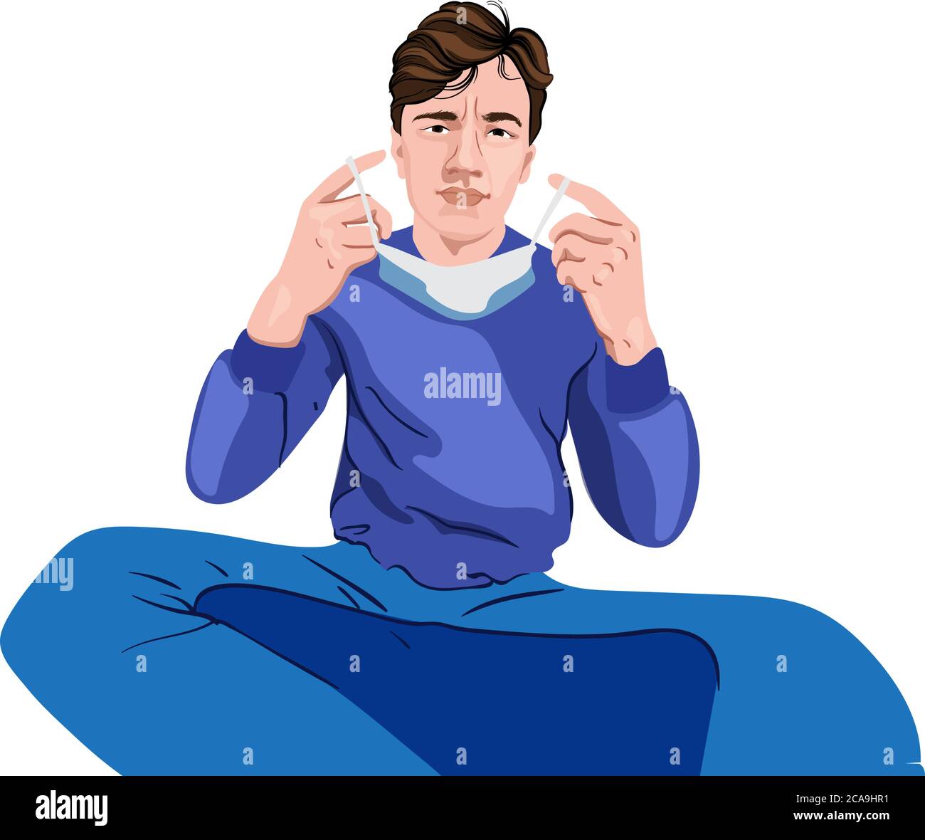 Young male with a serious face dressed in blue sweater and blue pants