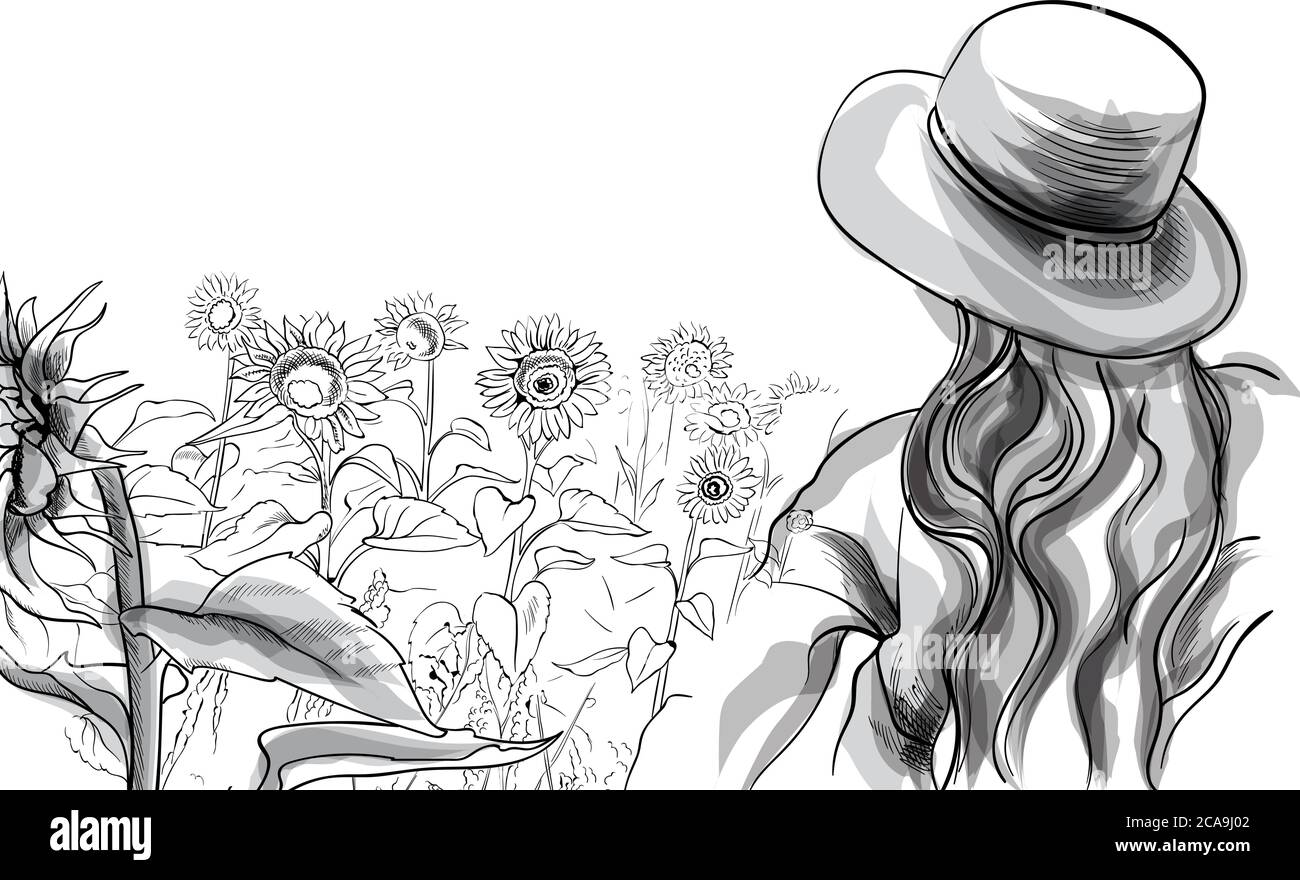 Long haired girl in a hat and blouse standing in sunflower field. Line art. Vector Stock Vector