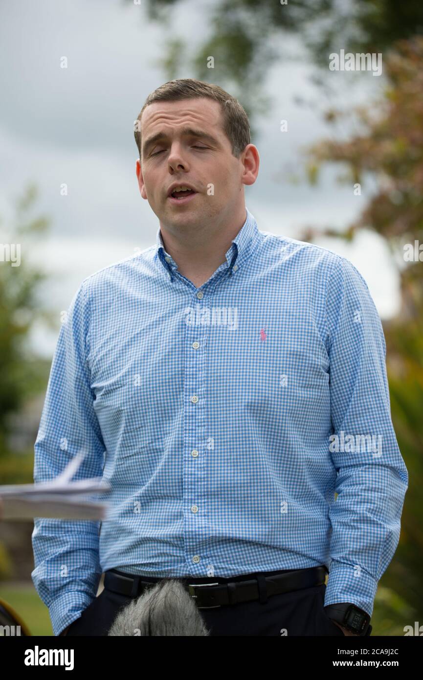 Forres, Scotland, UK. 5th Aug, 2020. Pictured: Douglas Ross MP, new leader of the Scottish Conservative and Unionist Party, after former leader, Jackson Carlaw MSP stepped down last week on Thursday afternoon, 30th July 2020. Credit: Colin Fisher/Alamy Live News Stock Photo