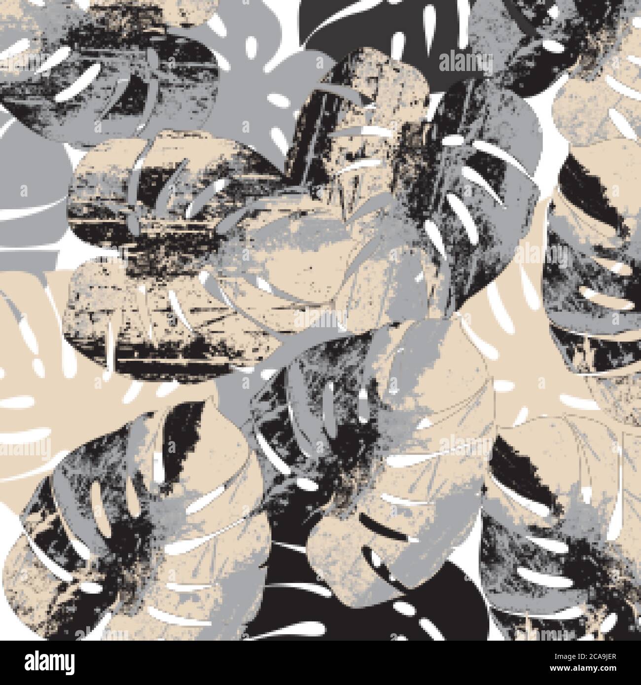 Big palm leaves pattern. Grunge design. Beat up, scratched style. Vector Stock Vector