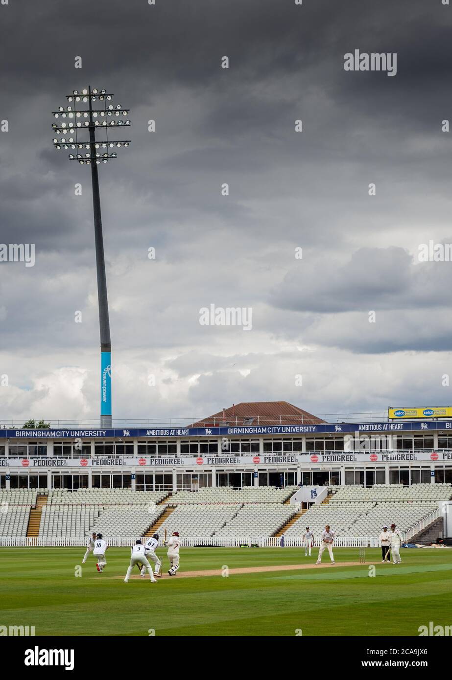 Edgbaston cricket ground during match between Warwickshire and Northamptonshire. Covid-19 restrictions meant that no spectators were allowed in. Stock Photo