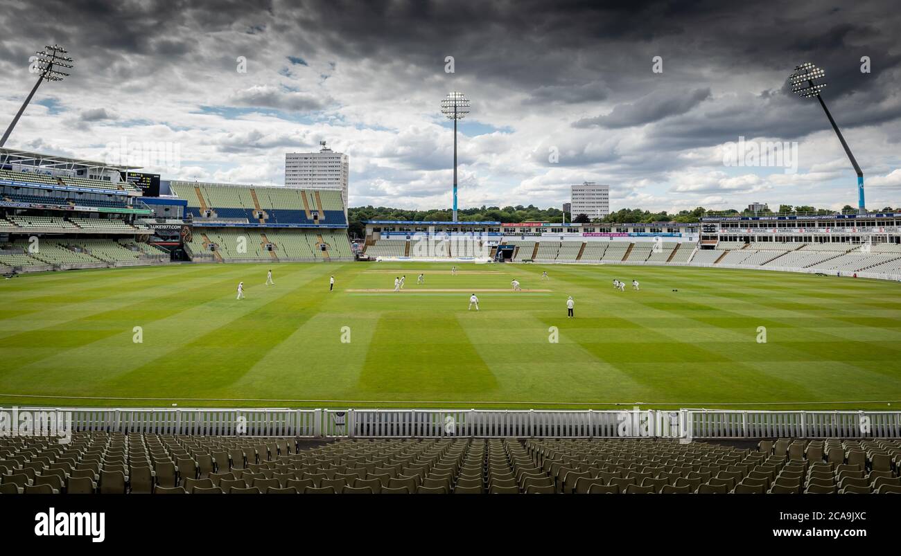 Edgbaston cricket ground during match between Warwickshire and Northamptonshire. Covid-19 restrictions meant that no spectators were allowed in. Stock Photo