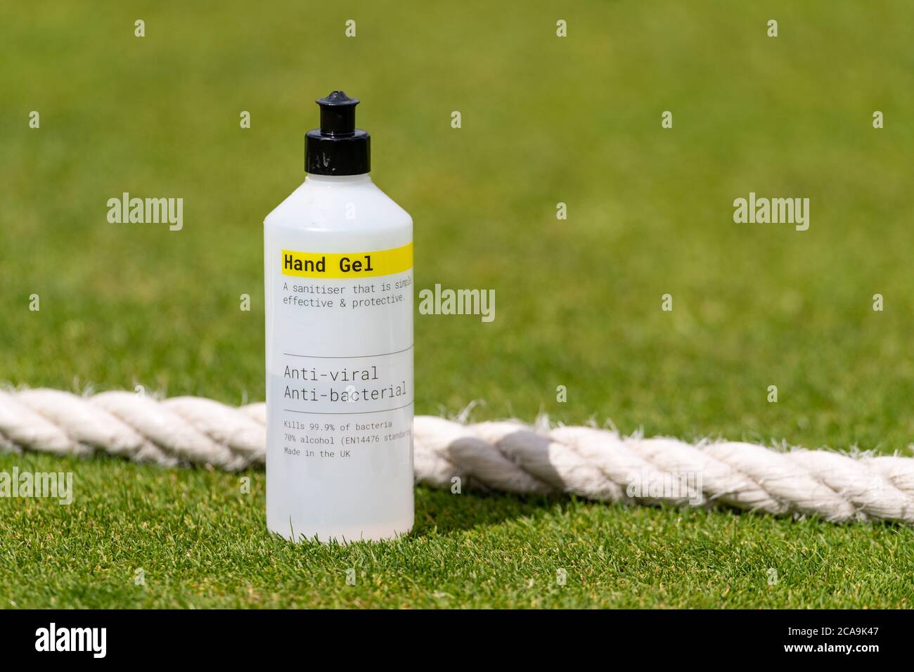 A bottle of hand gel on the boundary rope as one of the measures to reduce spread of Covid-19 during a match between Warwickshire v Northamptonshire Stock Photo